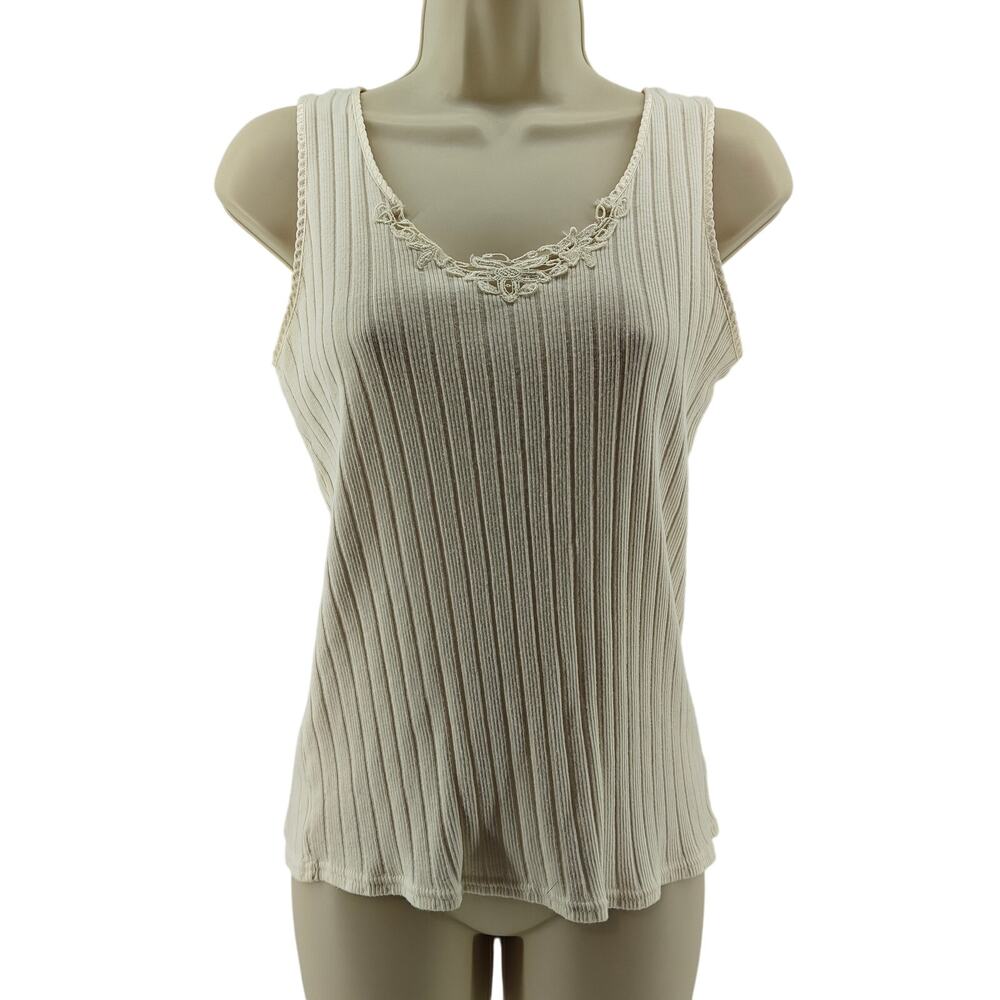 Vintage Erika Taylor Intimates Cream Cotton Tank Ribbed Small CottageCore